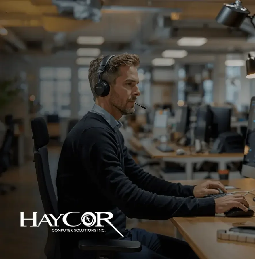 IT support technician wearing a headset working at a computer