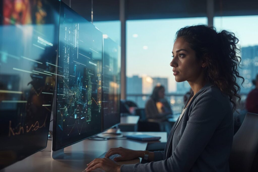 IT professional reviewing systems on a monitor
